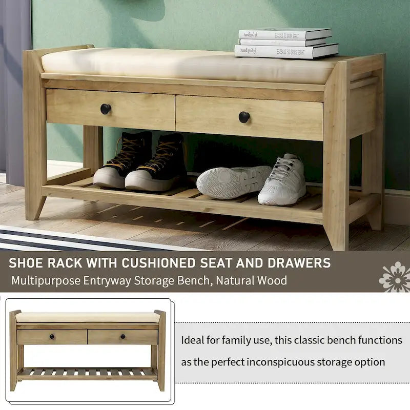 Banc de rangement d'entrée 2 personnes en bois patiné, expresso/gris avec coussin et tiroirs