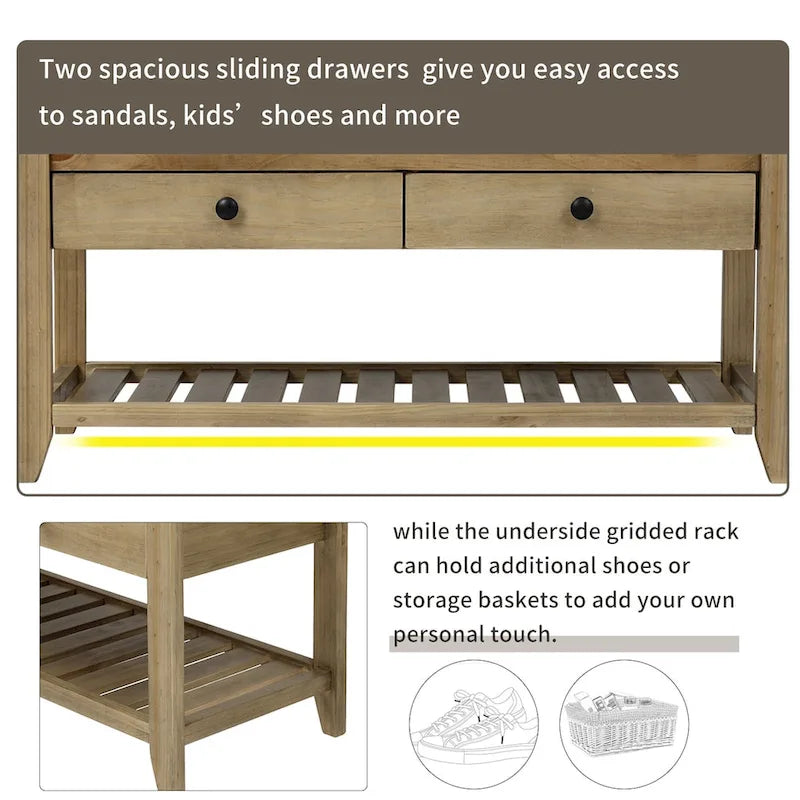 Banc de rangement d'entrée 2 personnes en bois patiné, expresso/gris avec coussin et tiroirs