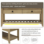 Banc de rangement d'entrée 2 personnes en bois patiné, expresso/gris avec coussin et tiroirs