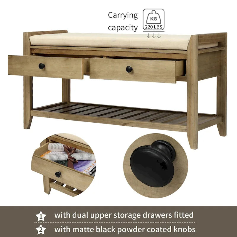 Banc de rangement d'entrée 2 personnes en bois patiné, expresso/gris avec coussin et tiroirs