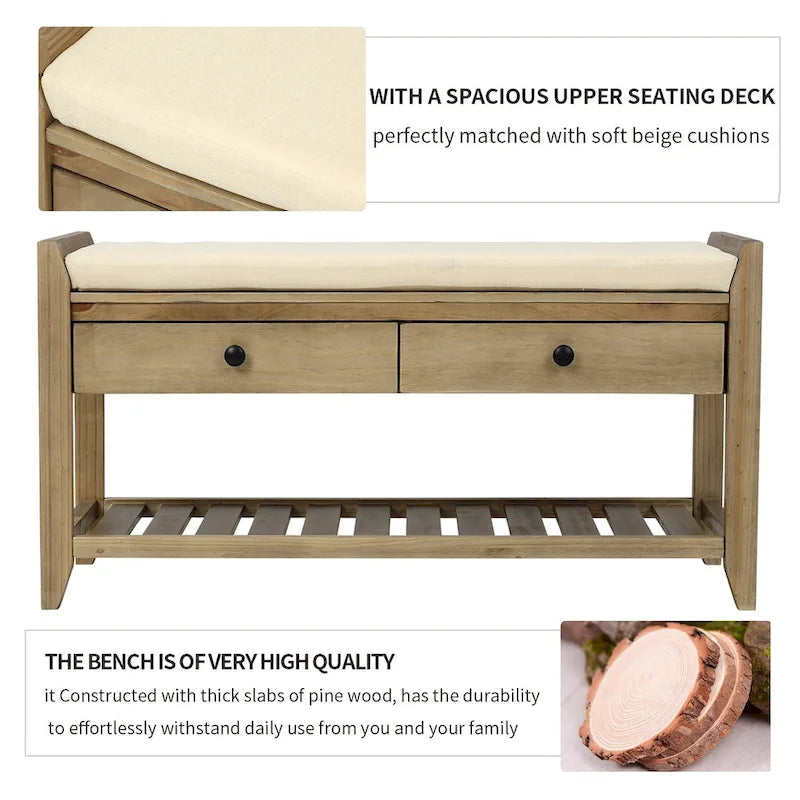 Banc de rangement d'entrée 2 personnes en bois patiné, expresso/gris avec coussin et tiroirs