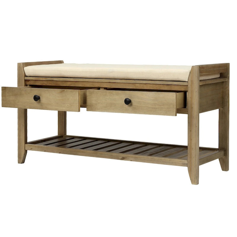 Banc de rangement d'entrée 2 personnes en bois patiné, expresso/gris avec coussin et tiroirs