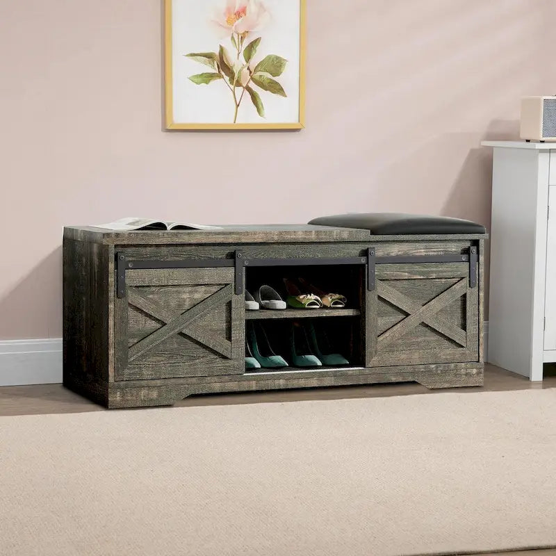 Banc de rangement de style campagnard en vieux pin / marron+blanc / gris / marron clair avec portes coulissantes — 1 personne
