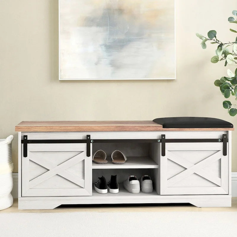 Banc de rangement de style campagnard en vieux pin / marron+blanc / gris / marron clair avec portes coulissantes — 1 personne
