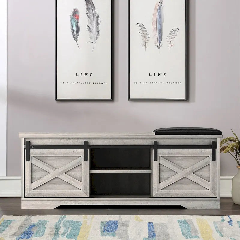 Banc de rangement de style campagnard en vieux pin / marron+blanc / gris / marron clair avec portes coulissantes — 1 personne