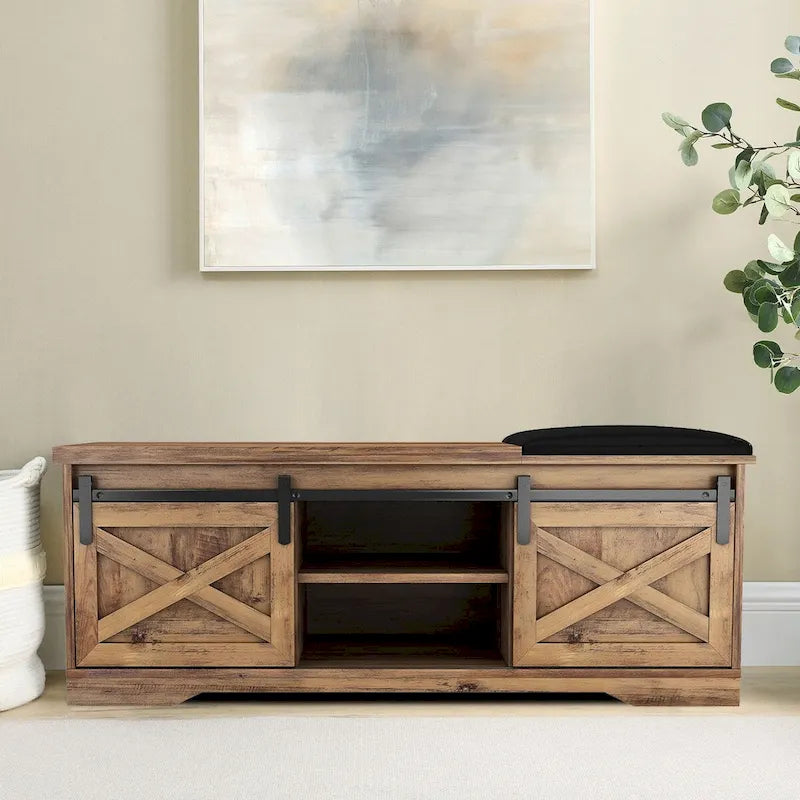 Banc de rangement de style campagnard en vieux pin / marron+blanc / gris / marron clair avec portes coulissantes — 1 personne