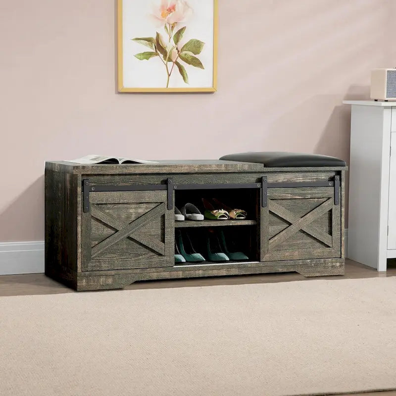Vintage Farmhouse Style Wooden Storage Bench with Sliding Doors