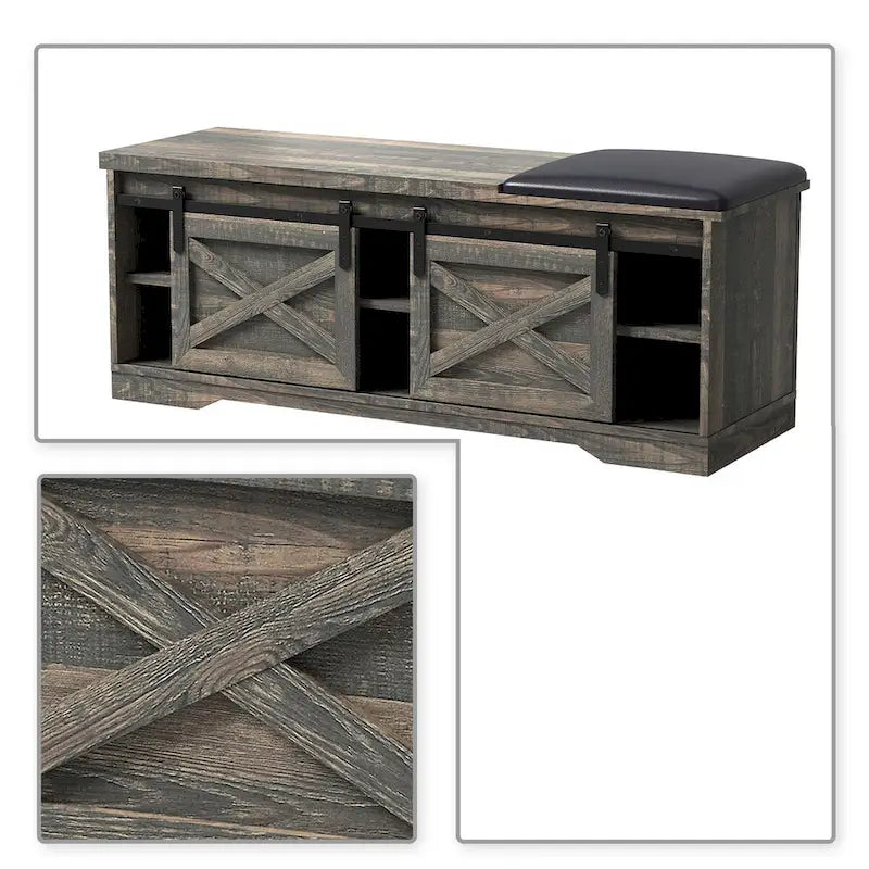 Banc de rangement de style campagnard en vieux pin / marron+blanc / gris / marron clair avec portes coulissantes — 1 personne