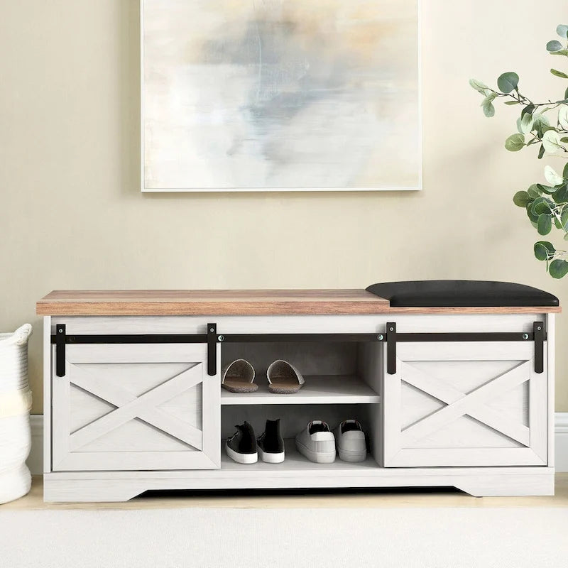 Banc de rangement de style campagnard en vieux pin / marron+blanc / gris / marron clair avec portes coulissantes — 1 personne