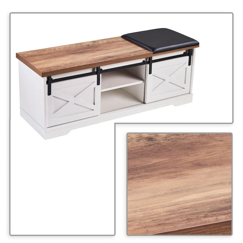 Banc de rangement de style campagnard en vieux pin / marron+blanc / gris / marron clair avec portes coulissantes — 1 personne