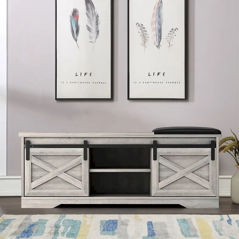 Banc de rangement de style campagnard en vieux pin / marron+blanc / gris / marron clair avec portes coulissantes — 1 personne