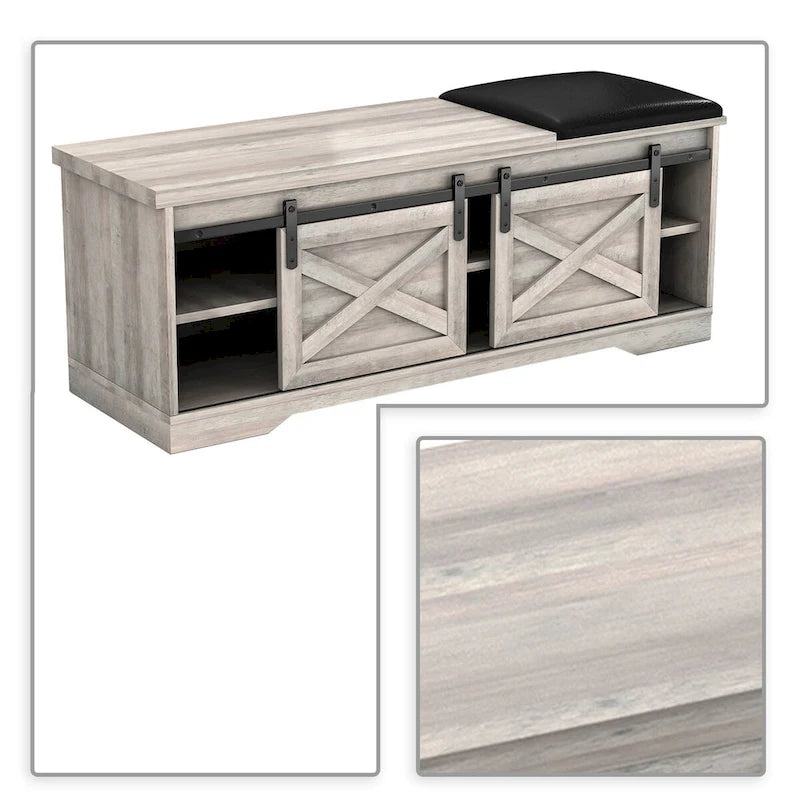 Banc de rangement de style campagnard en vieux pin / marron+blanc / gris / marron clair avec portes coulissantes — 1 personne