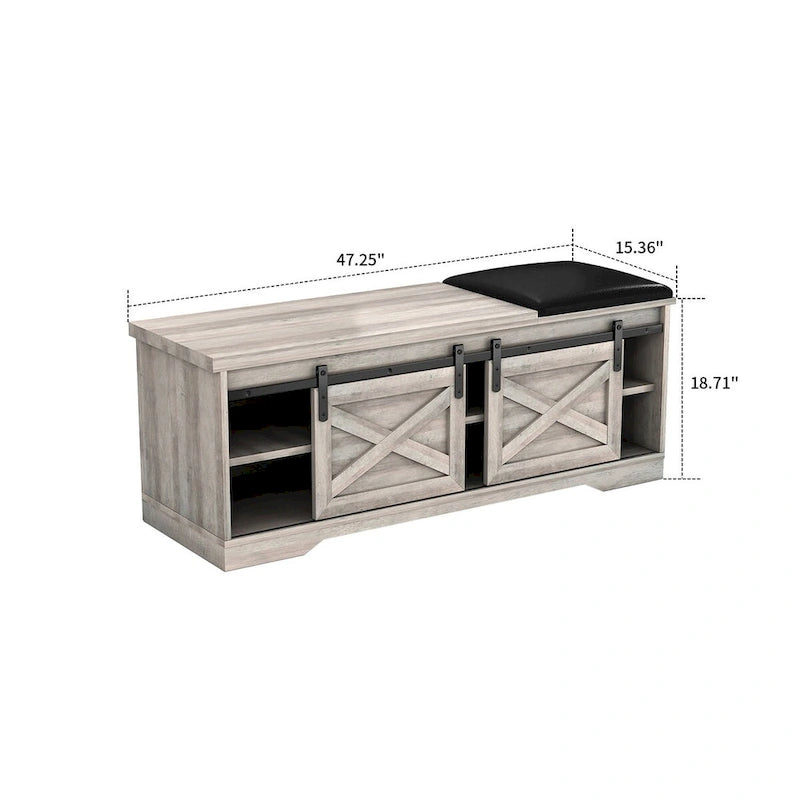 Banc de rangement de style campagnard en vieux pin / marron+blanc / gris / marron clair avec portes coulissantes — 1 personne