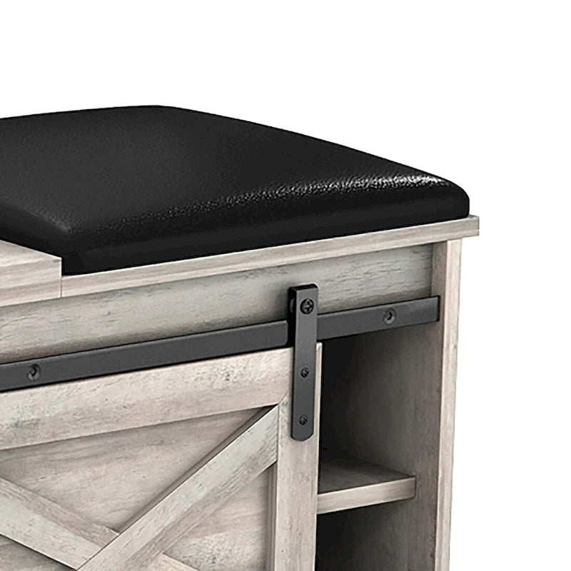 Banc de rangement de style campagnard en vieux pin / marron+blanc / gris / marron clair avec portes coulissantes — 1 personne