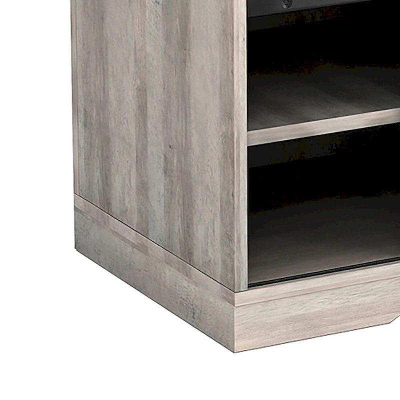 Banc de rangement de style campagnard en vieux pin / marron+blanc / gris / marron clair avec portes coulissantes — 1 personne