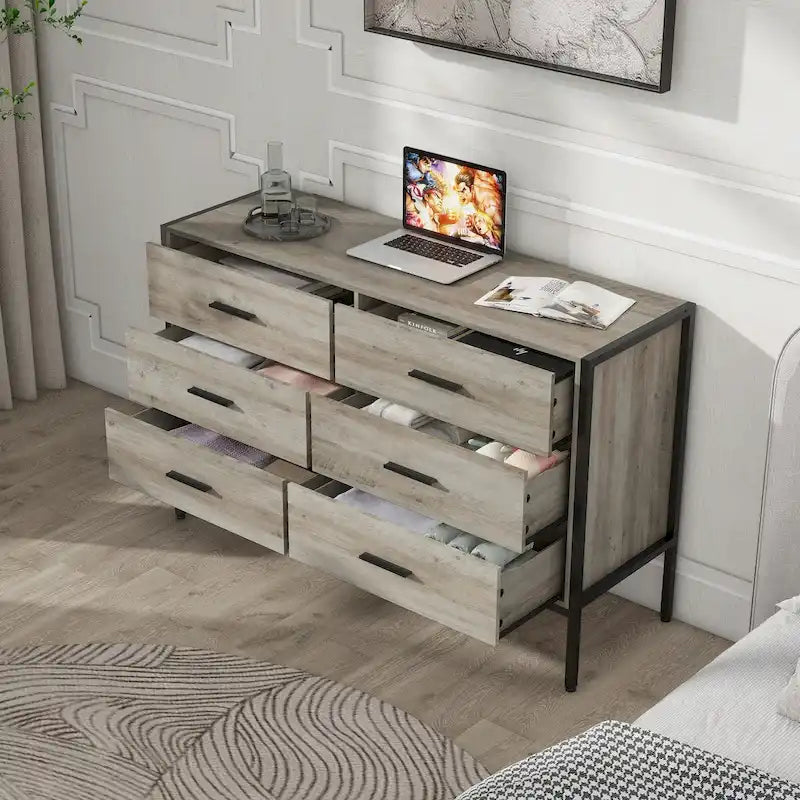 Commode en bois grise à 6 tiroirs pour chambre à coucher, assemblage par 1 personne