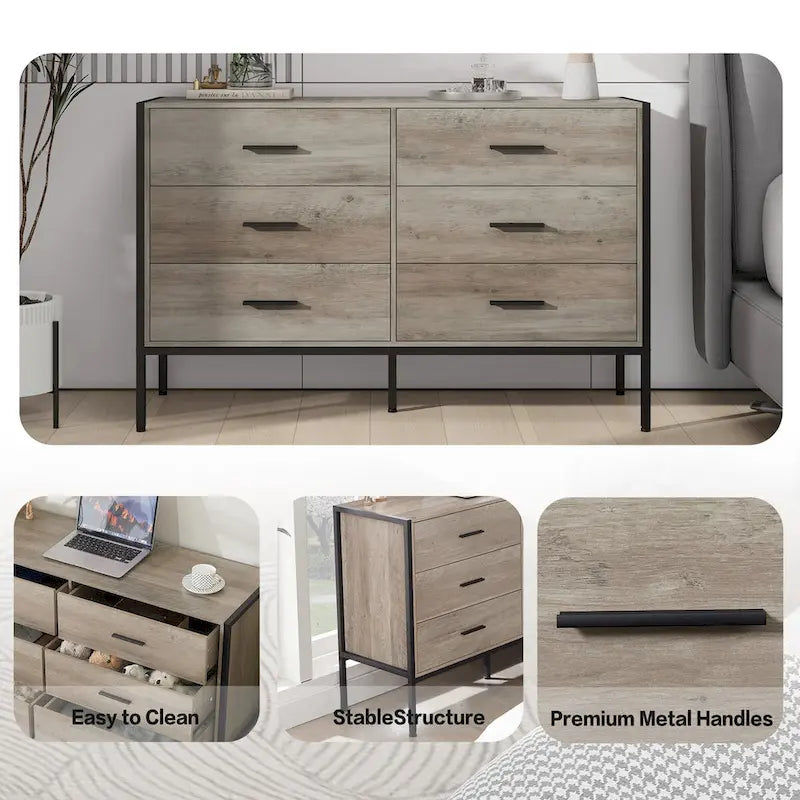 Commode en bois grise à 6 tiroirs pour chambre à coucher, assemblage par 1 personne