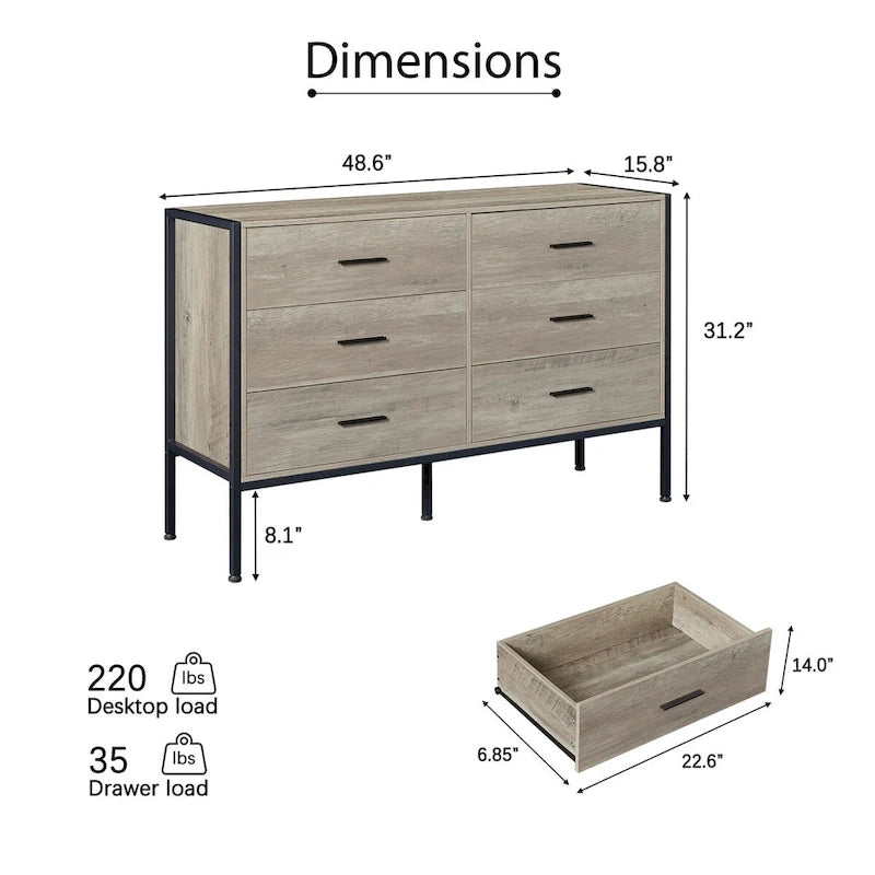 Commode en bois grise à 6 tiroirs pour chambre à coucher, assemblage par 1 personne