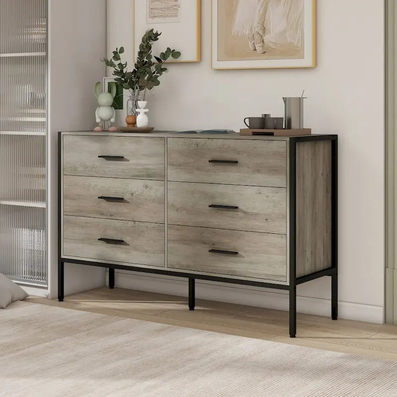 Commode en bois grise à 6 tiroirs pour chambre à coucher, assemblage par 1 personne