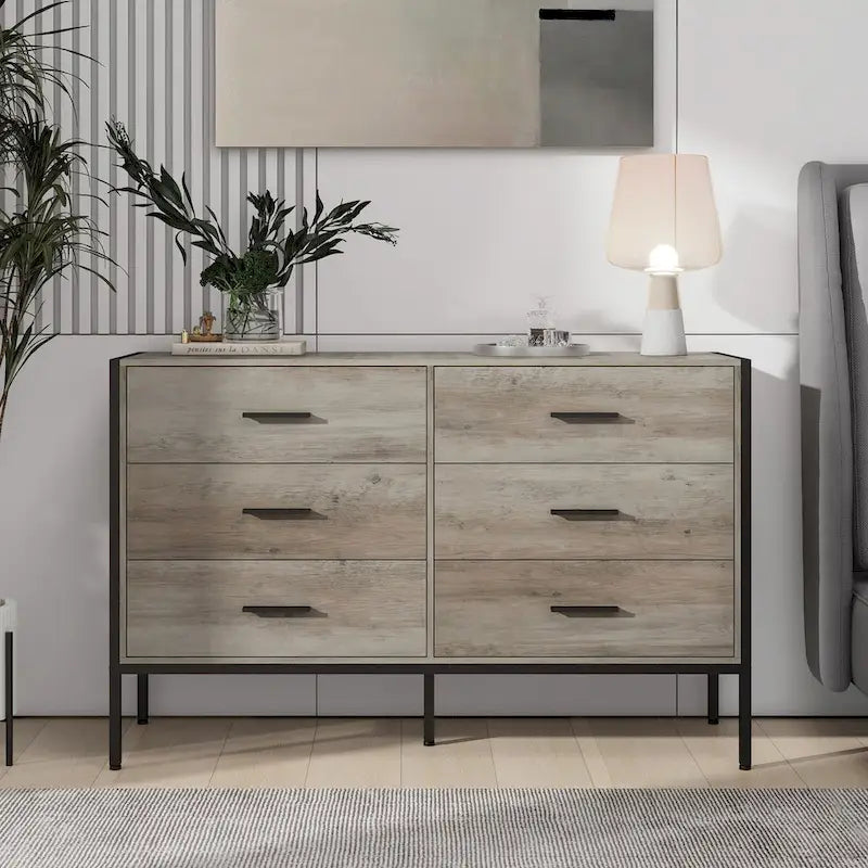 Commode en bois grise à 6 tiroirs pour chambre à coucher, assemblage par 1 personne