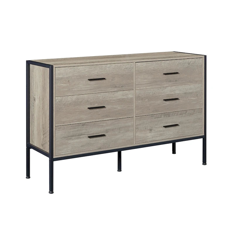 Commode en bois grise à 6 tiroirs pour chambre à coucher, assemblage par 1 personne