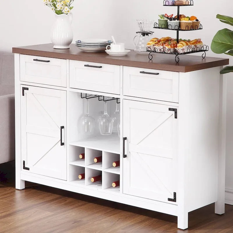 Buffet de bar à vin blanc à 3 tiroirs avec porte-verres