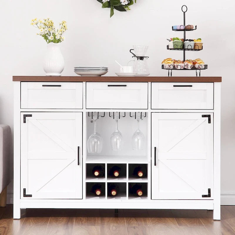 Buffet de bar à vin blanc à 3 tiroirs avec porte-verres
