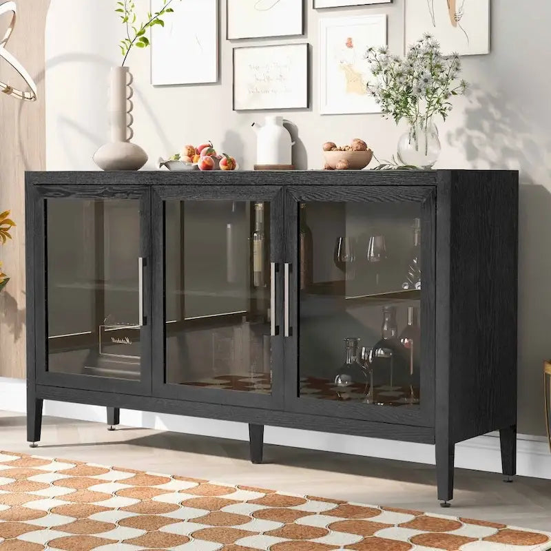 Meuble de rangement noir et marron — 3 portes en verre trempé, étagères réglables