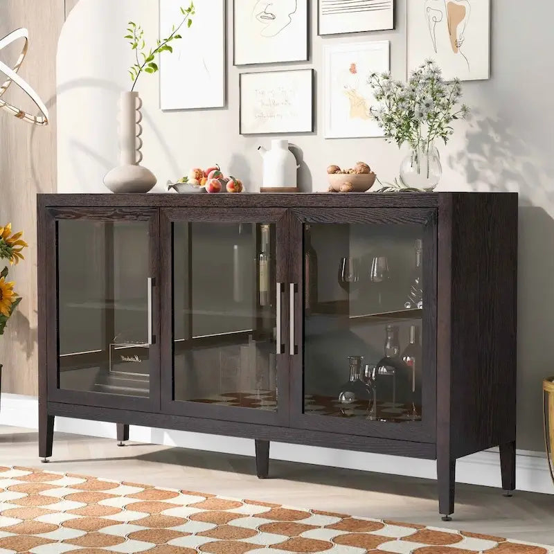 Meuble de rangement noir et marron — 3 portes en verre trempé, étagères réglables