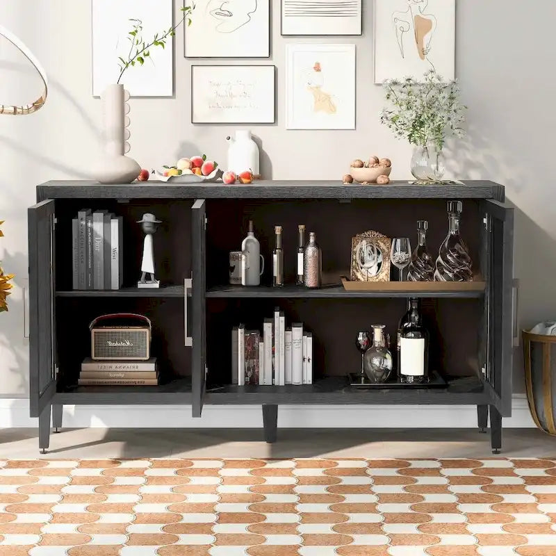 Meuble de rangement noir et marron — 3 portes en verre trempé, étagères réglables