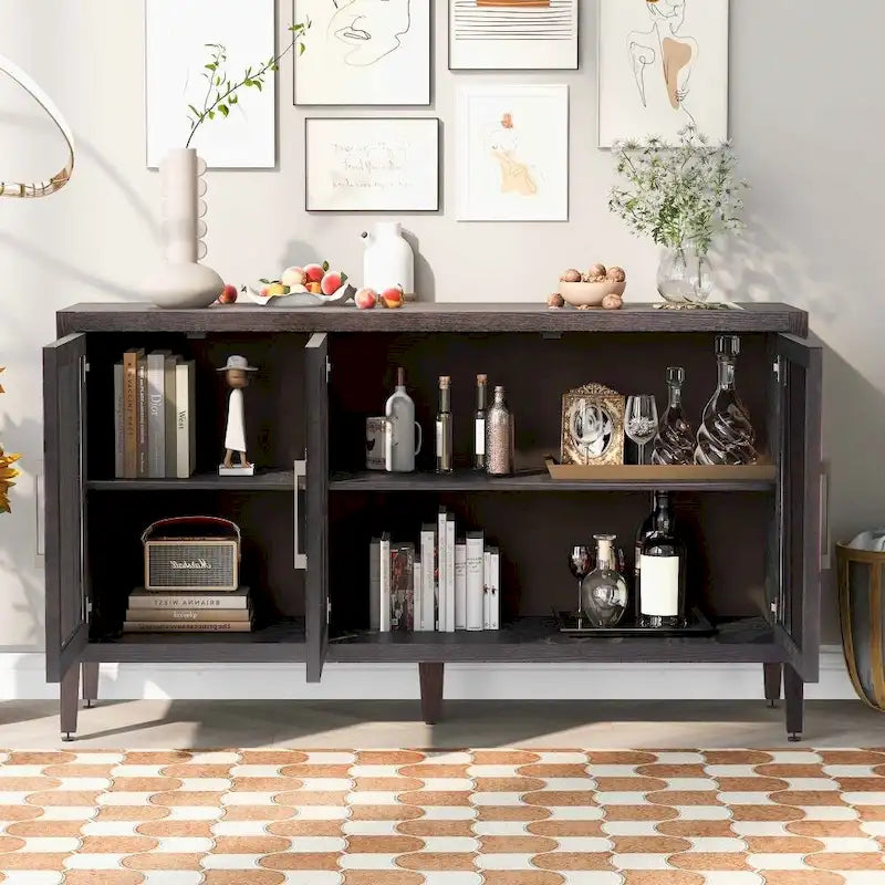 Meuble de rangement noir et marron — 3 portes en verre trempé, étagères réglables