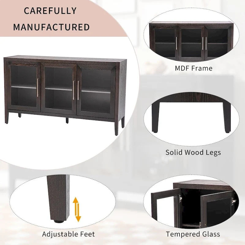 Meuble de rangement noir et marron — 3 portes en verre trempé, étagères réglables