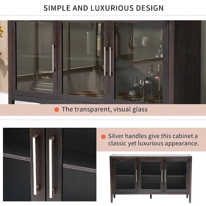 Meuble de rangement noir et marron — 3 portes en verre trempé, étagères réglables
