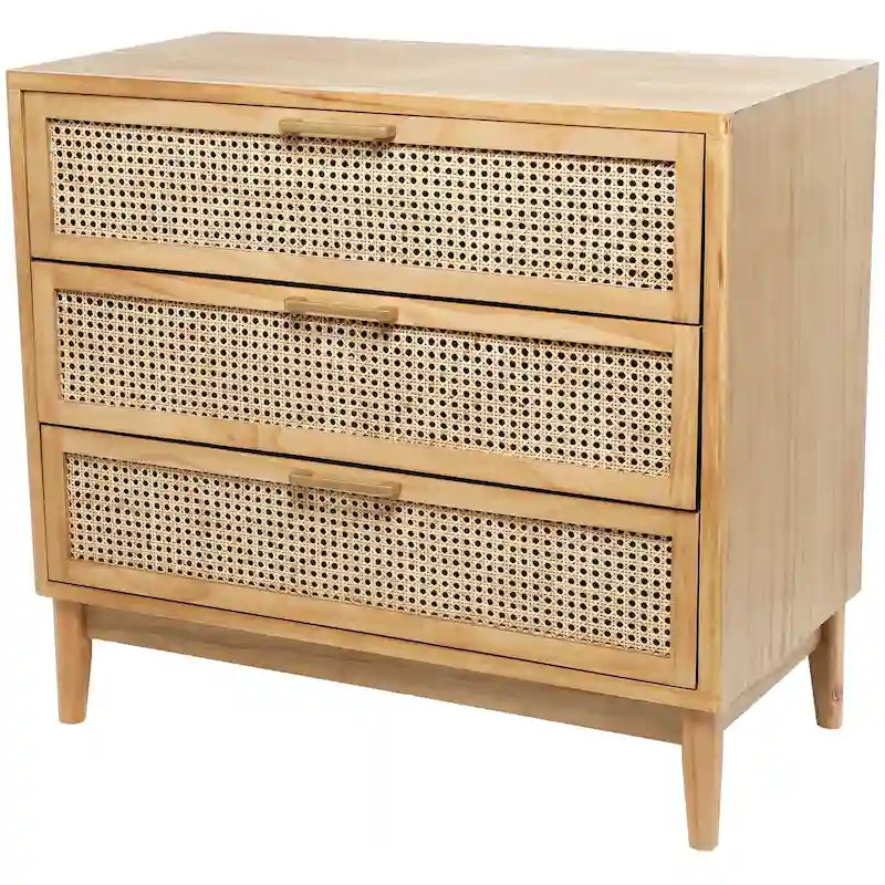Meuble de rangement 3 tiroirs avec façade en rotin et poignées dorées – Noir/Marron clair – Simple