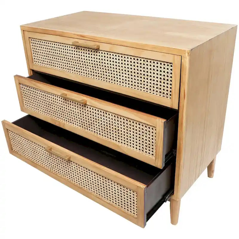 Meuble de rangement 3 tiroirs avec façade en rotin et poignées dorées – Noir/Marron clair – Simple