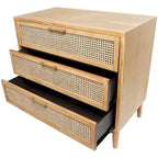 Meuble de rangement 3 tiroirs avec façade en rotin et poignées dorées – Noir/Marron clair – Simple