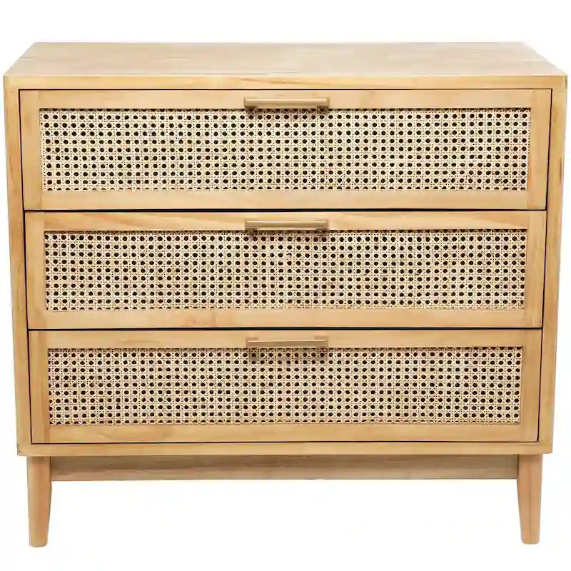 Meuble de rangement 3 tiroirs avec façade en rotin et poignées dorées – Noir/Marron clair – Simple