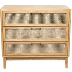 Meuble de rangement 3 tiroirs avec façade en rotin et poignées dorées – Noir/Marron clair – Simple