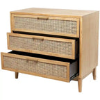 Meuble de rangement 3 tiroirs avec façade en rotin et poignées dorées – Noir/Marron clair – Simple