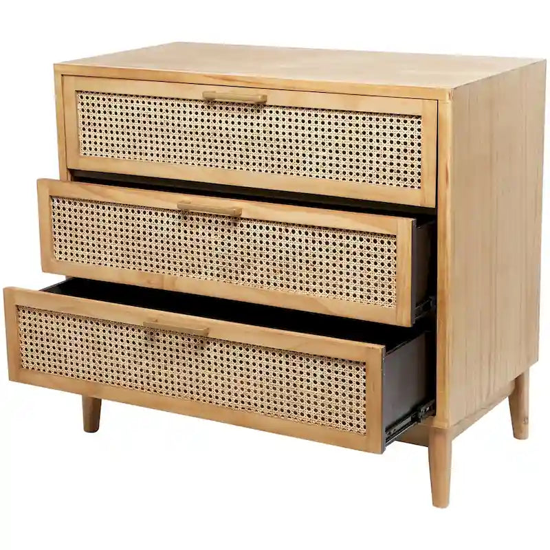Meuble de rangement 3 tiroirs avec façade en rotin et poignées dorées – Noir/Marron clair – Simple