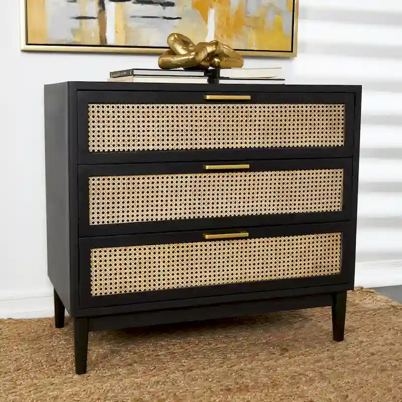 Meuble de rangement 3 tiroirs avec façade en rotin et poignées dorées – Noir/Marron clair – Simple