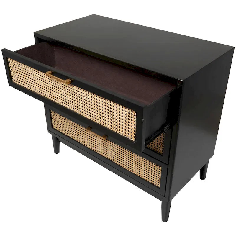 Meuble de rangement 3 tiroirs avec façade en rotin et poignées dorées – Noir/Marron clair – Simple