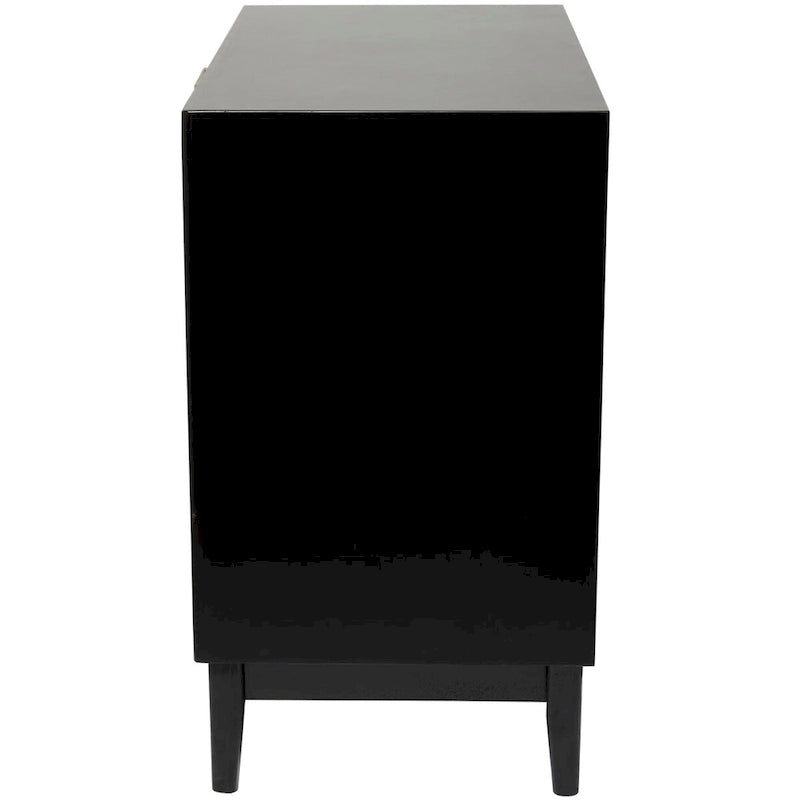 Meuble de rangement 3 tiroirs avec façade en rotin et poignées dorées – Noir/Marron clair – Simple