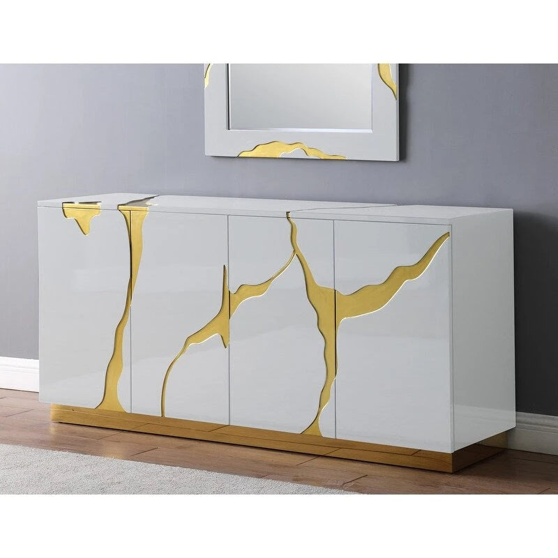 Gris / Marine / Blanc / Noir et or | Buffet laqué 4 portes Glam
