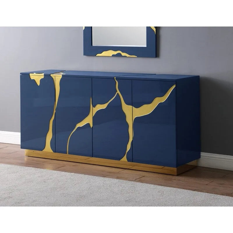 Gris / Marine / Blanc / Noir et or | Buffet laqué 4 portes Glam