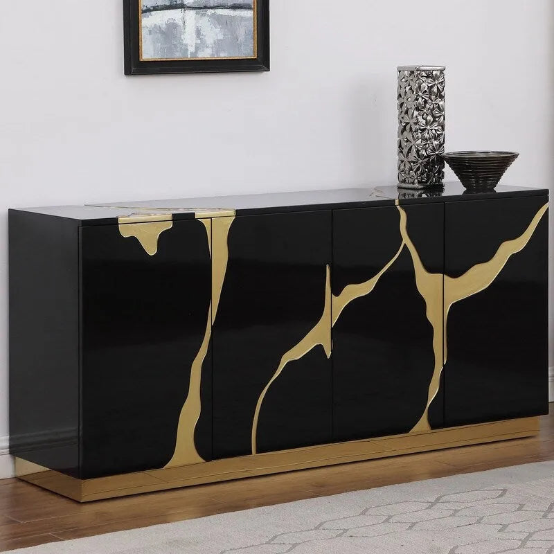 Gris / Marine / Blanc / Noir et or | Buffet laqué 4 portes Glam