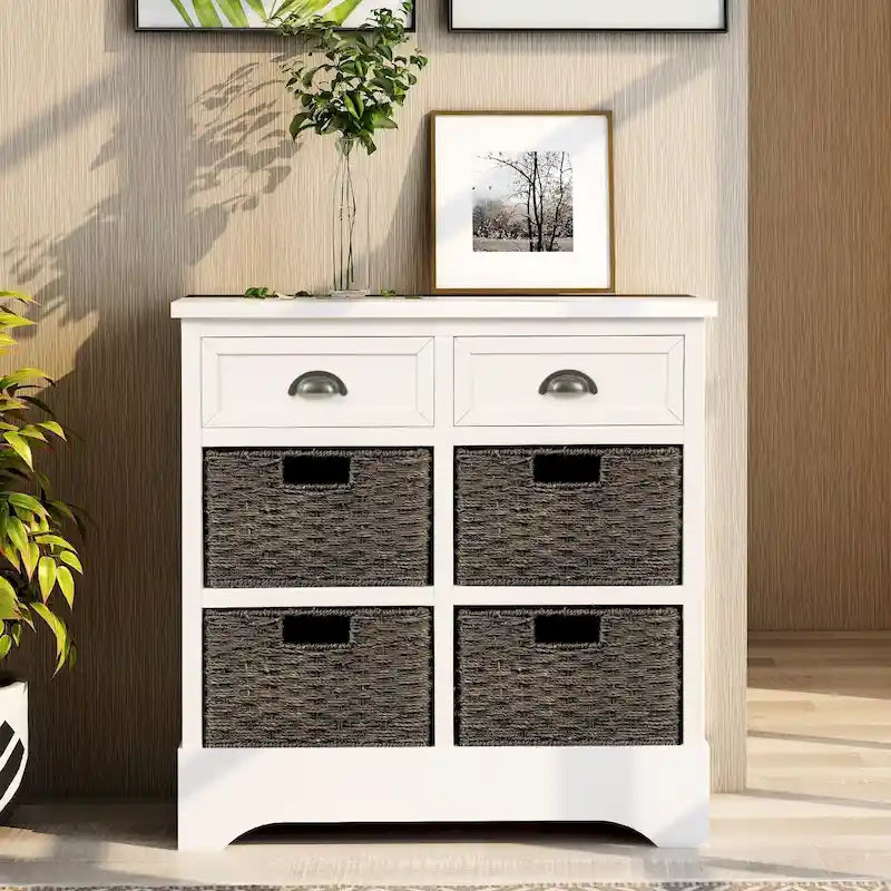 Fini blanc délavé / Blanc / Gris-brun / Bleu marine antique / Expresso | Meuble de rangement à 2 tiroirs avec 4 paniers en rotin | Aucun assemblage requis
