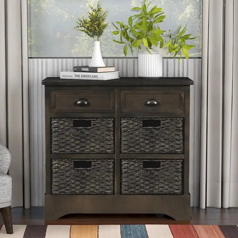 Fini blanc délavé / Blanc / Gris-brun / Bleu marine antique / Expresso | Meuble de rangement à 2 tiroirs avec 4 paniers en rotin | Aucun assemblage requis