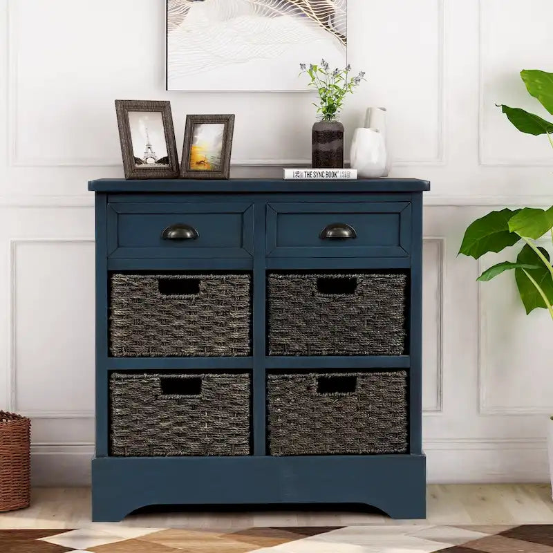Fini blanc délavé / Blanc / Gris-brun / Bleu marine antique / Expresso | Meuble de rangement à 2 tiroirs avec 4 paniers en rotin | Aucun assemblage requis