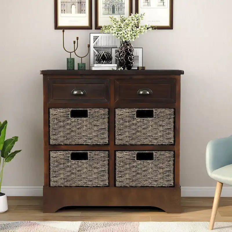 Fini blanc délavé / Blanc / Gris-brun / Bleu marine antique / Expresso | Meuble de rangement à 2 tiroirs avec 4 paniers en rotin | Aucun assemblage requis